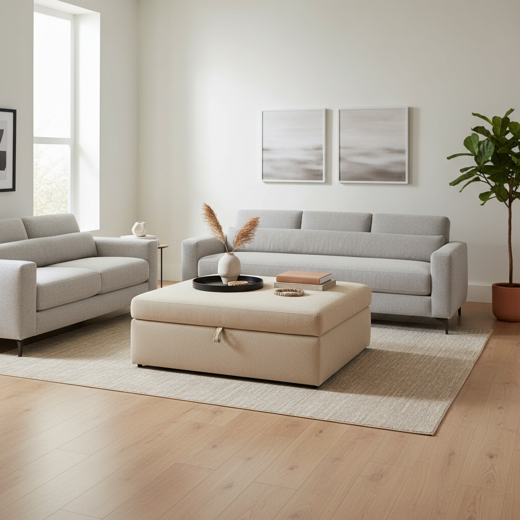 Living room layout showing correct spacing around a fabric storage ottoman