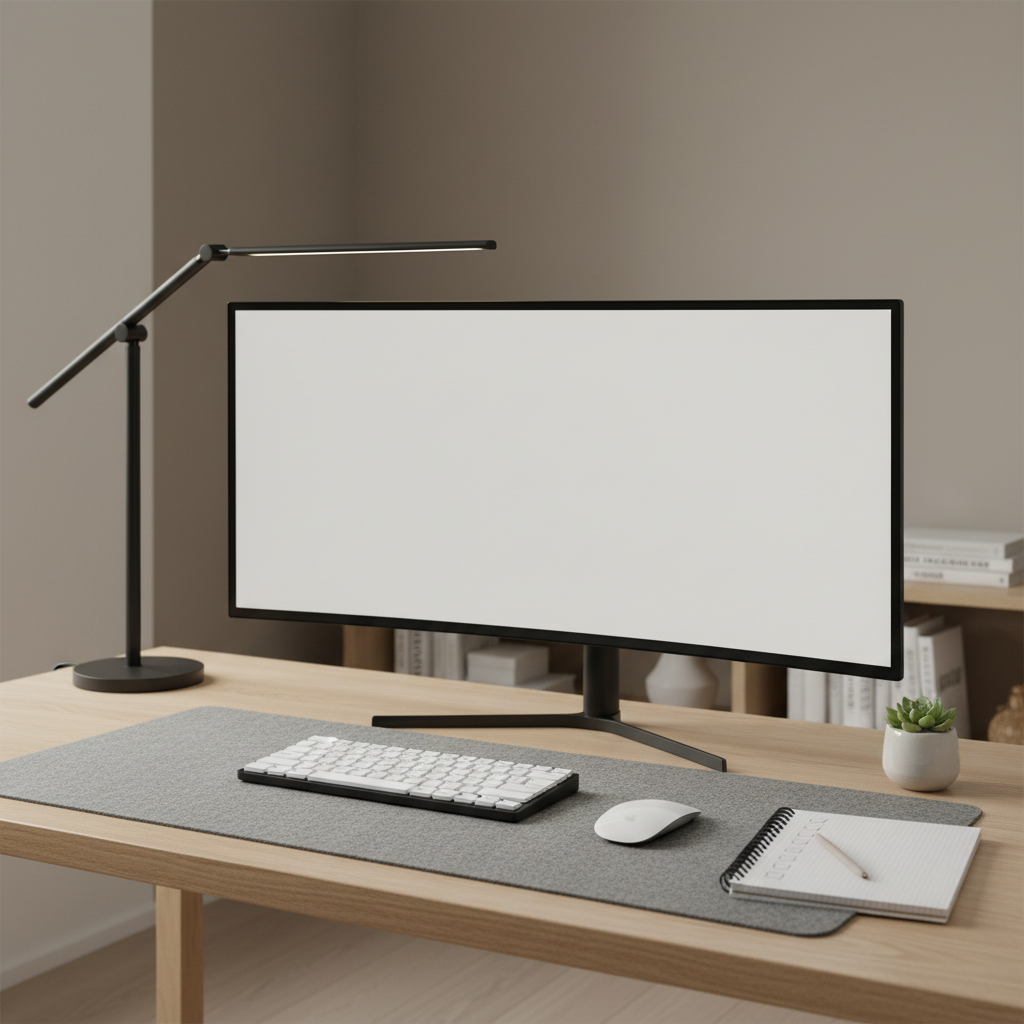 Desk lighting checklist setup with lamp placement beside monitor to reduce glare