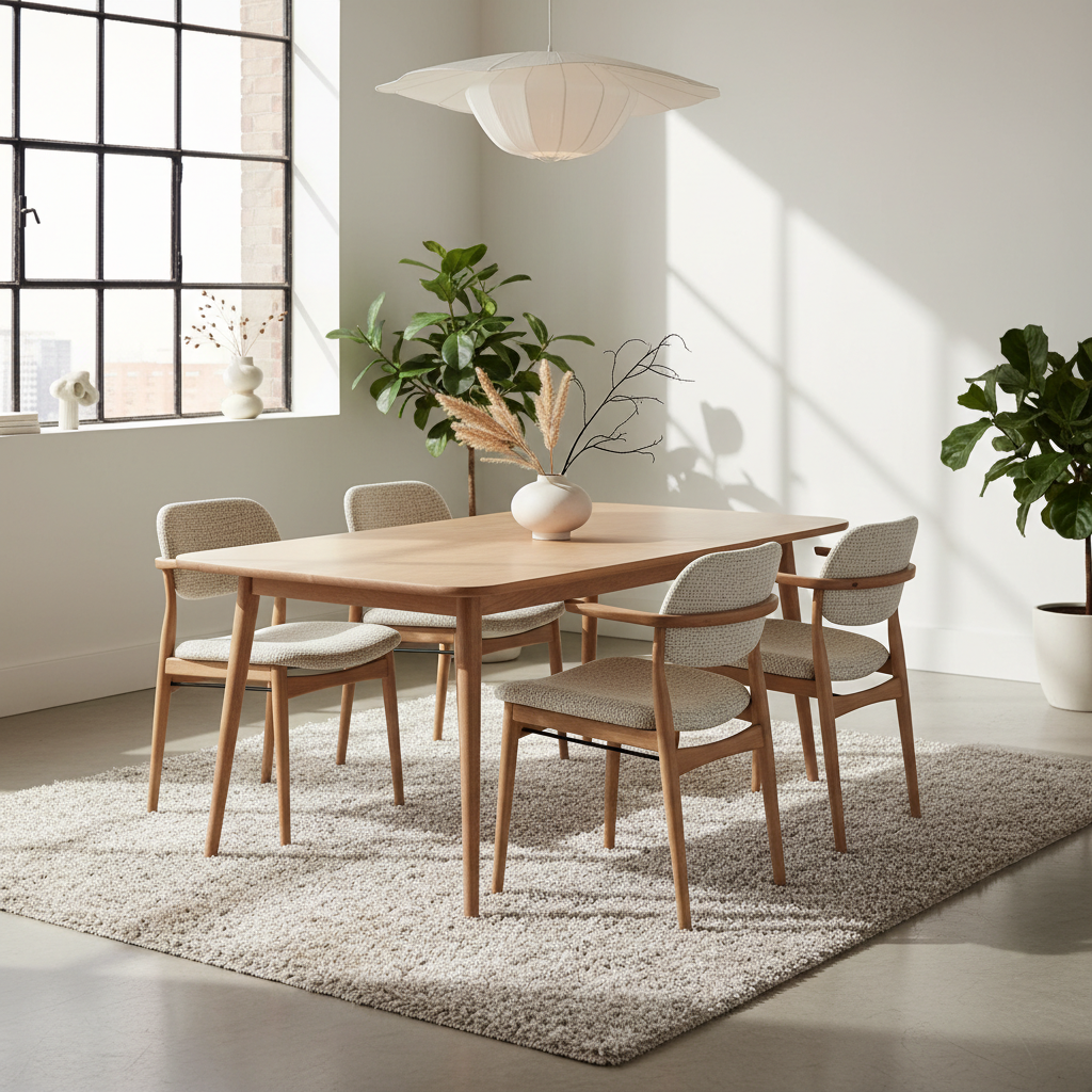 Scandinavian dining chairs with curved backs around a simple wood table
