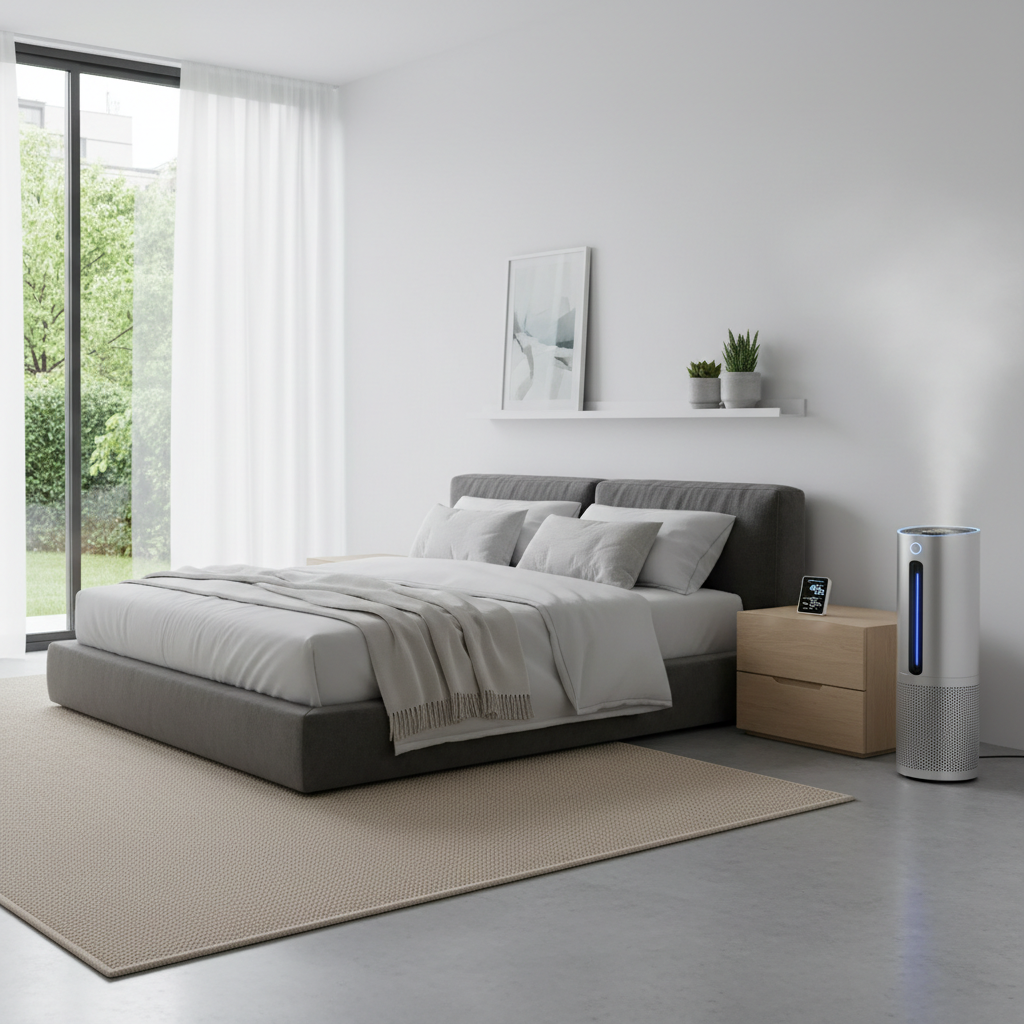 Dehumidifier running in a bedroom to reduce humidity and dust mite allergens