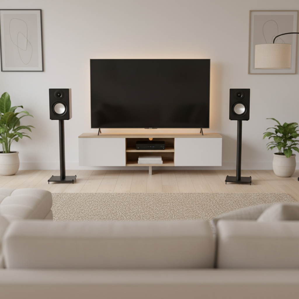 Budget bookshelf speakers on stands positioned correctly for small-room home theater