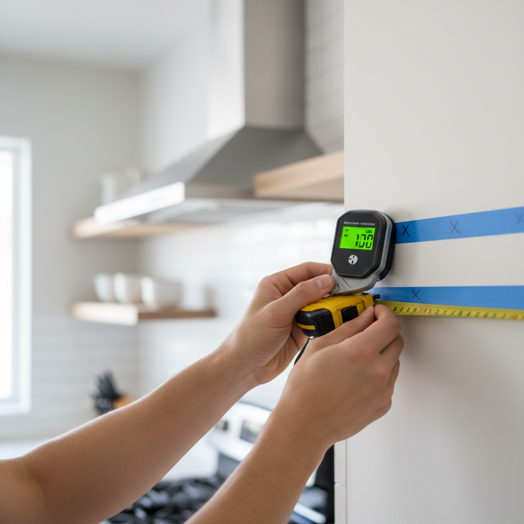 Measuring wall and stud locations for a wall mounted pot rack installation