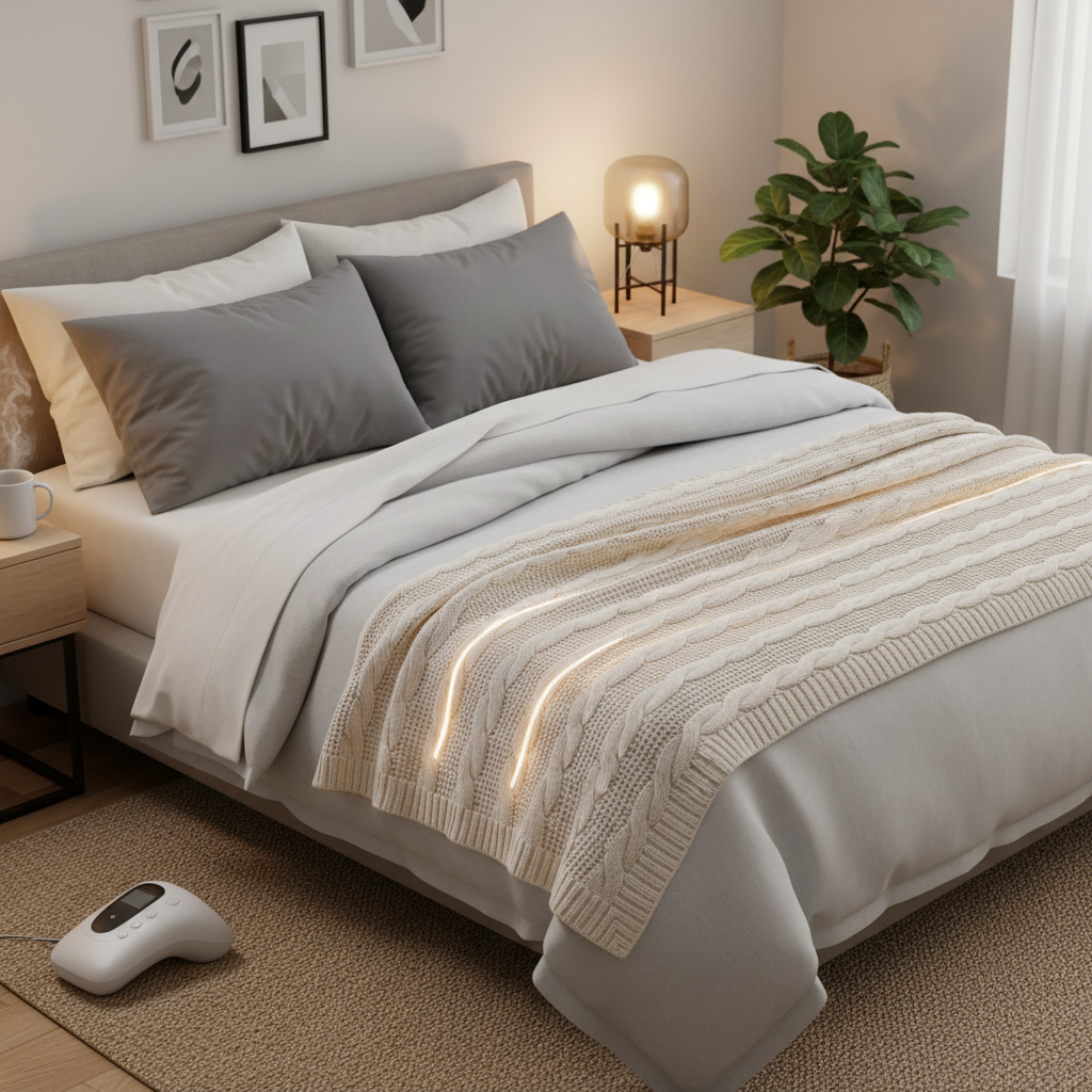 Heated blanket on a bed showing controller and fabric texture
