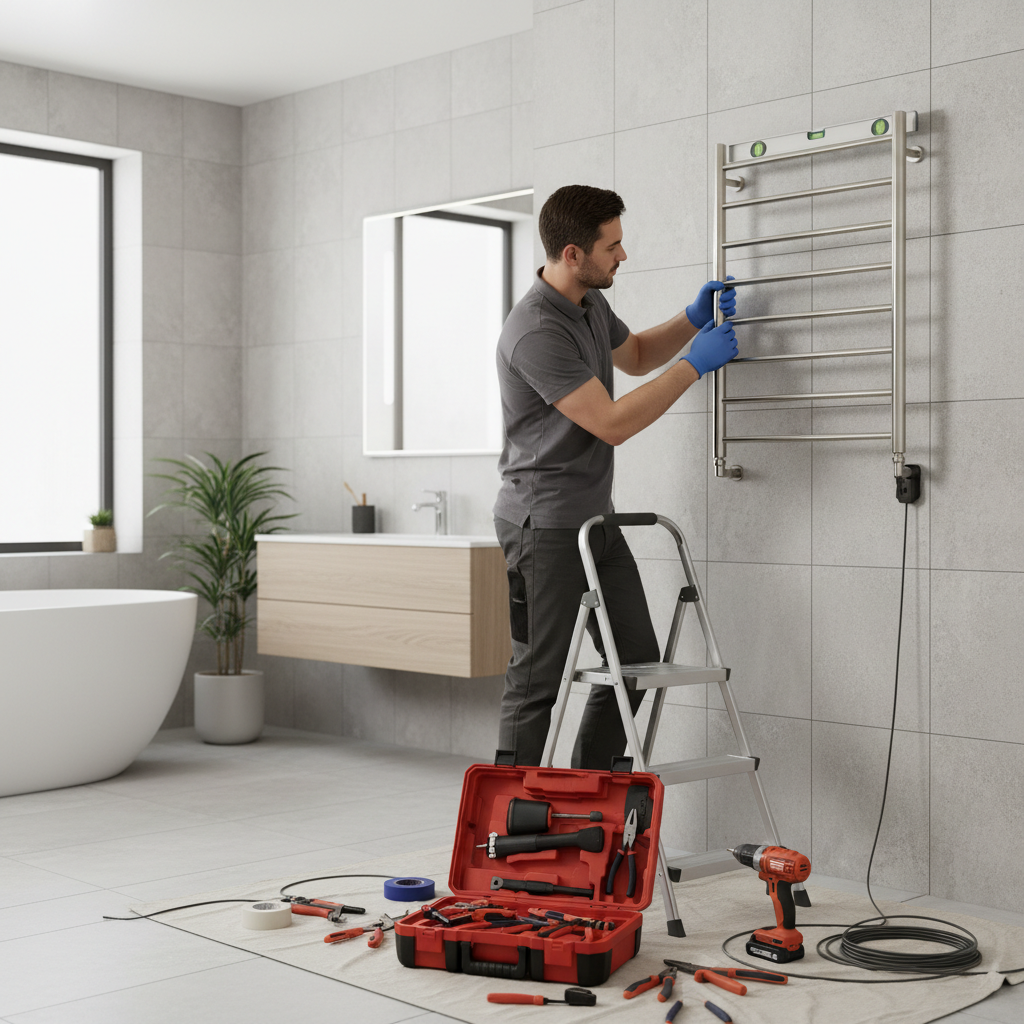 Electrician installing a hardwired heated towel rack in a bathroom remodel