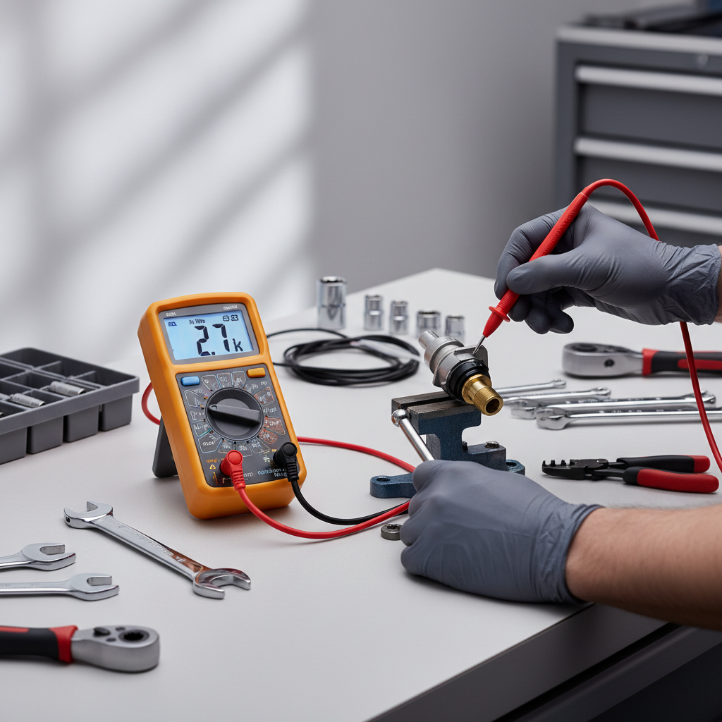Testing coolant temperature sensor with a multimeter on a workbench