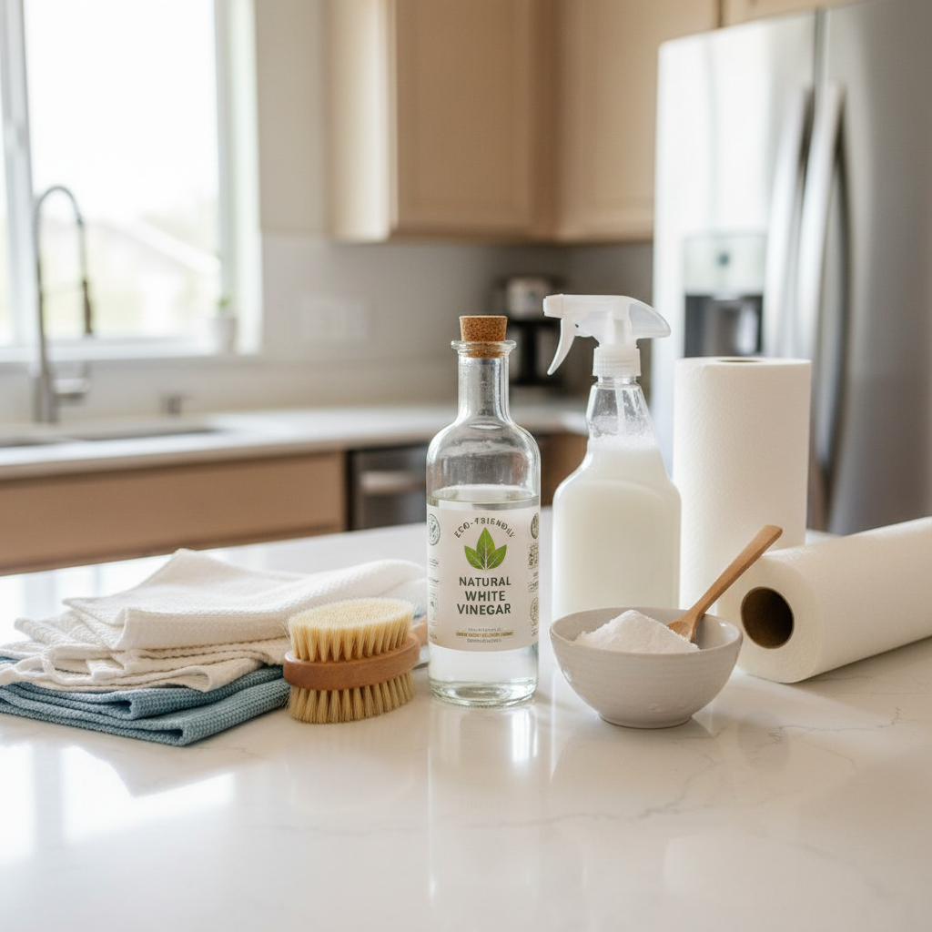 Natural carpet stain removal supplies vinegar baking soda spray bottle microfiber cloth