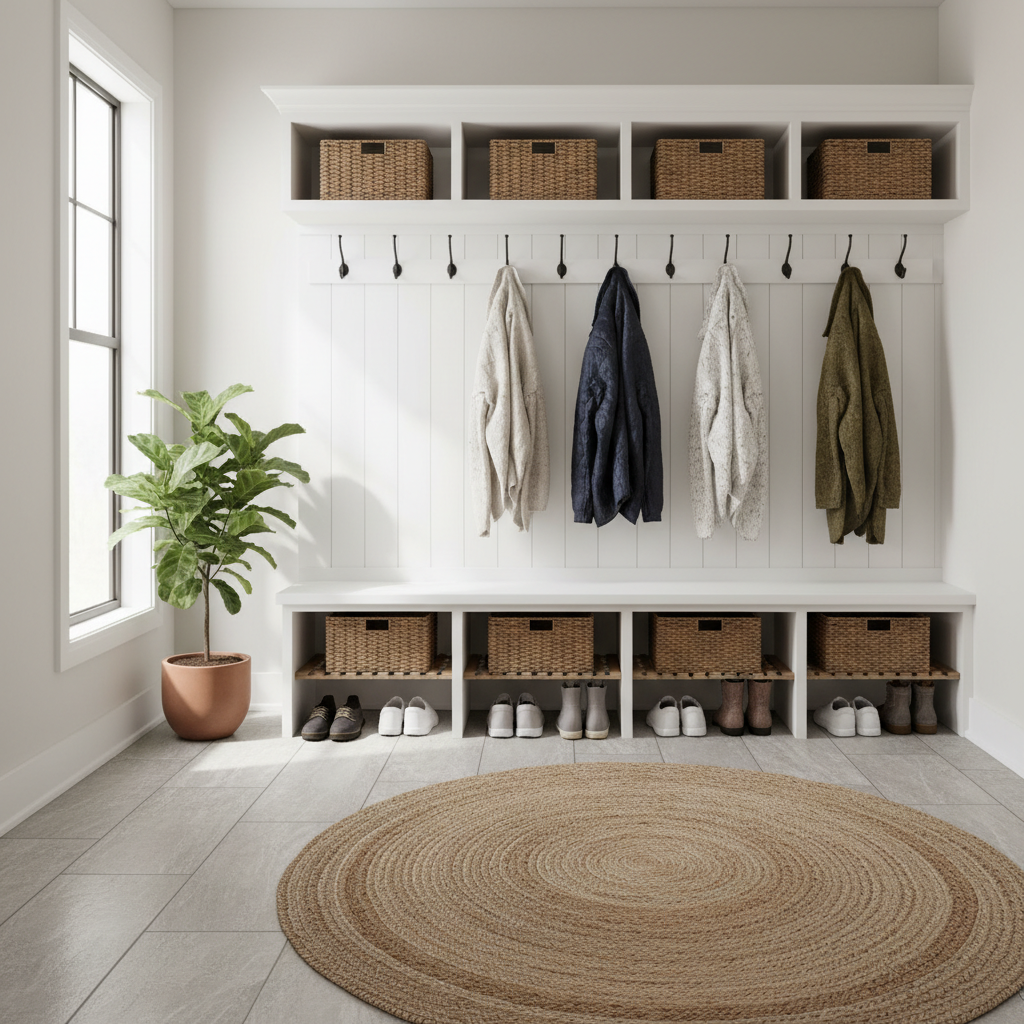 Organized mudroom entryway with bench, hooks, and shoe storage