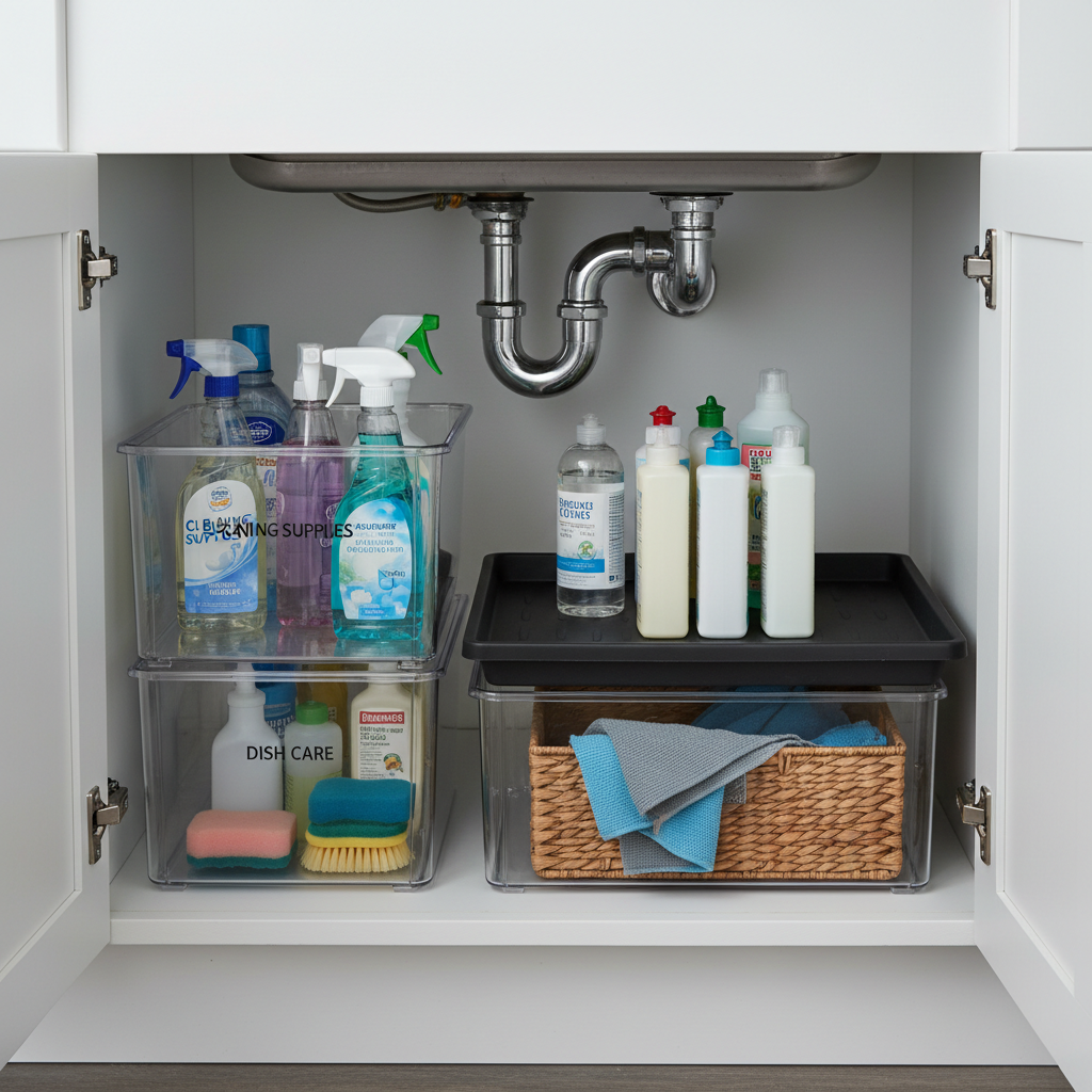 Neatly organized under-sink cabinet with bins, labels, and leak tray around plumbing