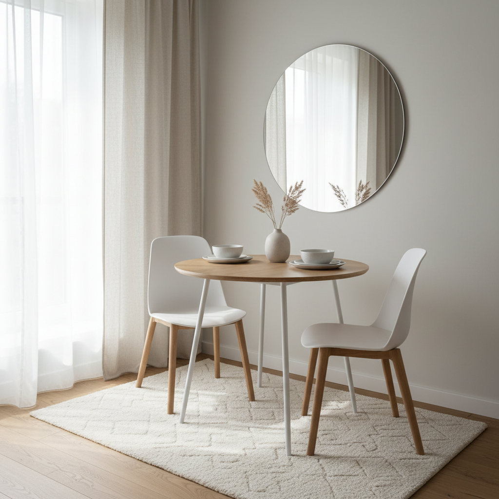 Compact apartment dining nook with a small round table and two chairs