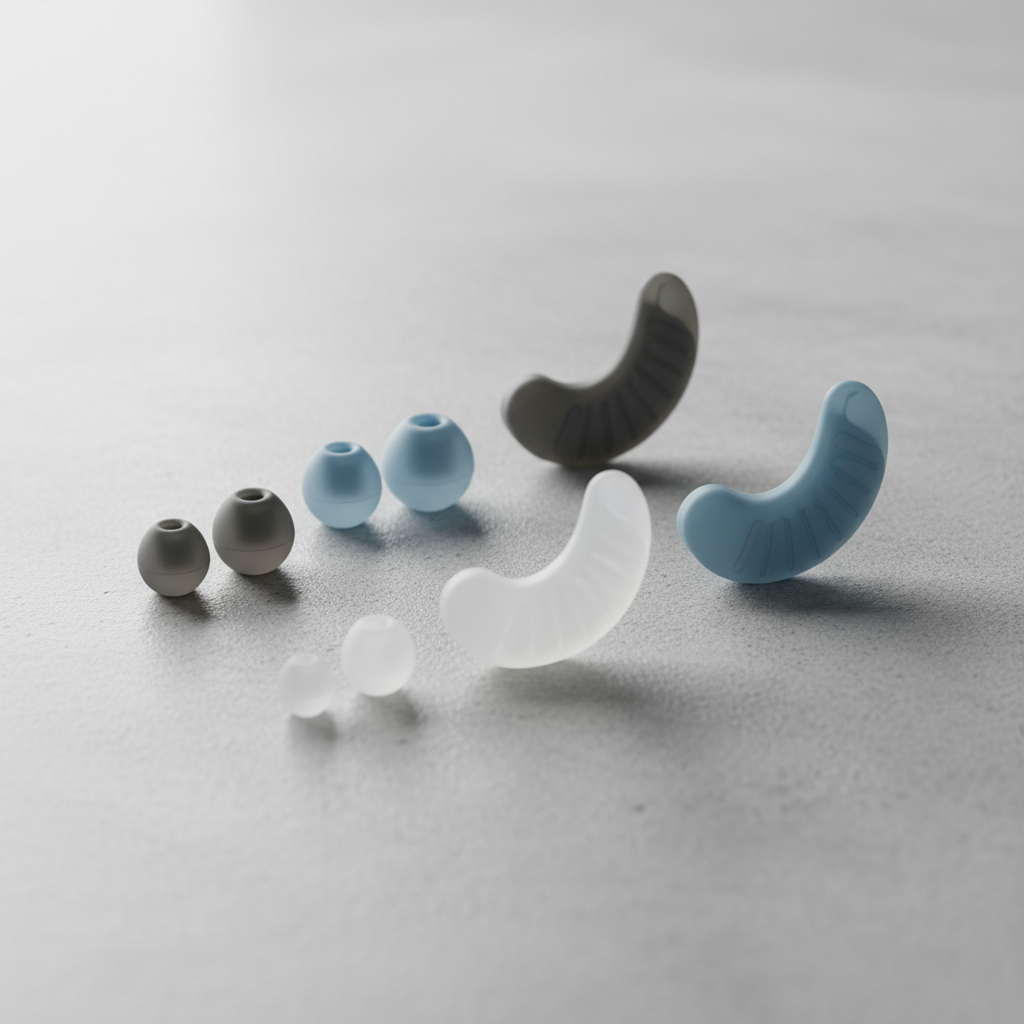 Silicone ear tips and ear wings for sports earbuds on a clean surface