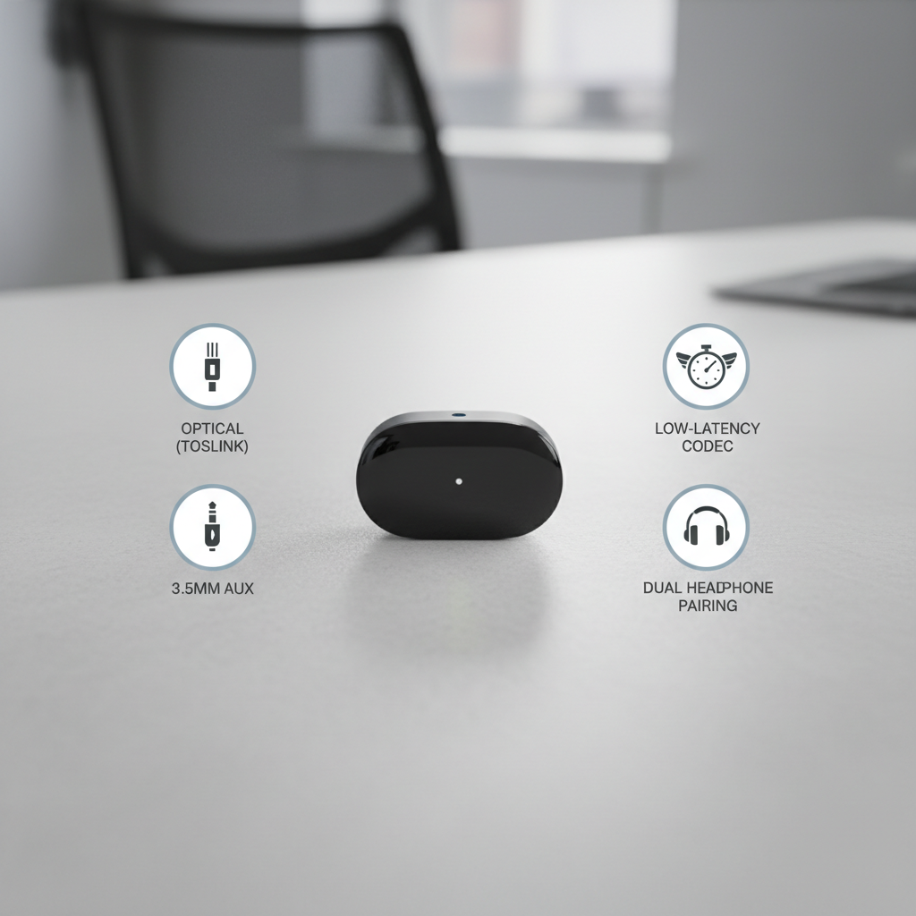 Checklist of Bluetooth transmitter features for TV: optical, AUX, low latency, dual pairing