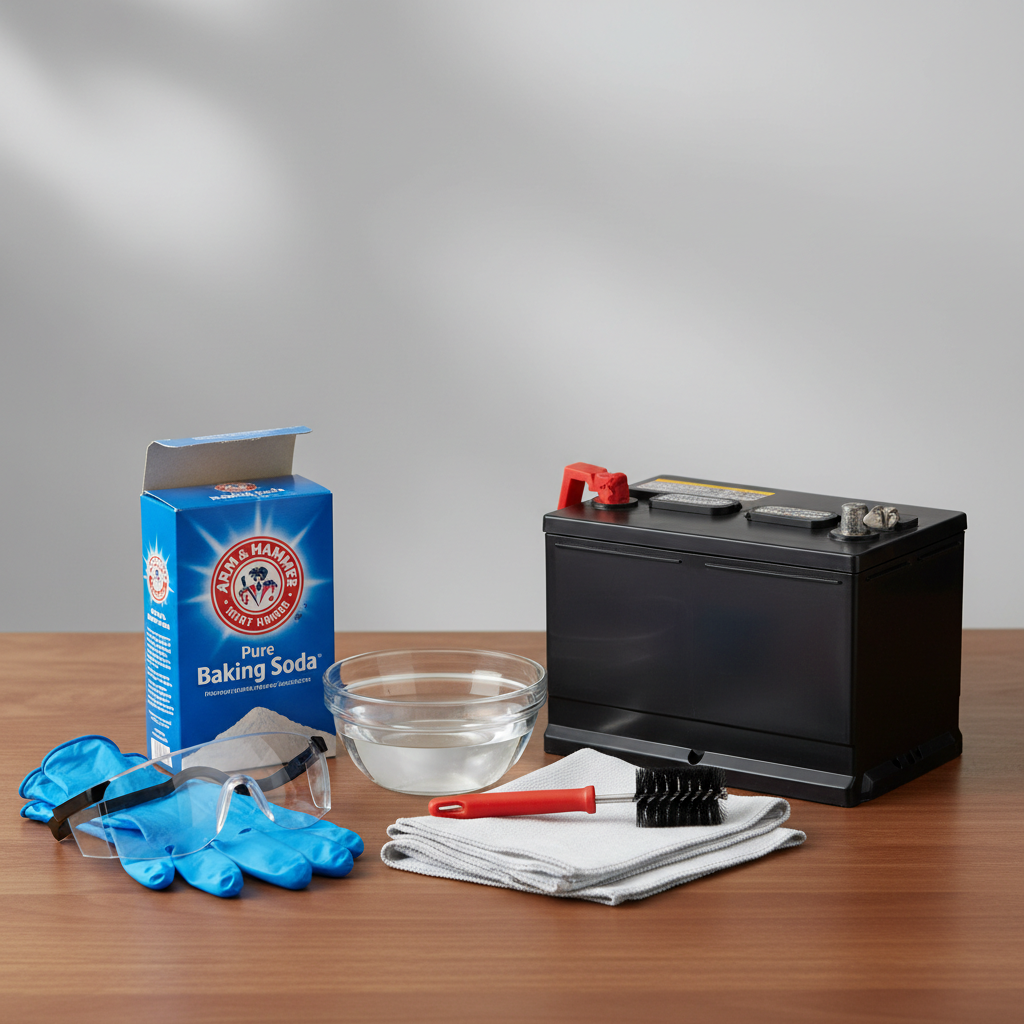 Battery terminal cleaning setup with baking soda, brush, and protective gloves