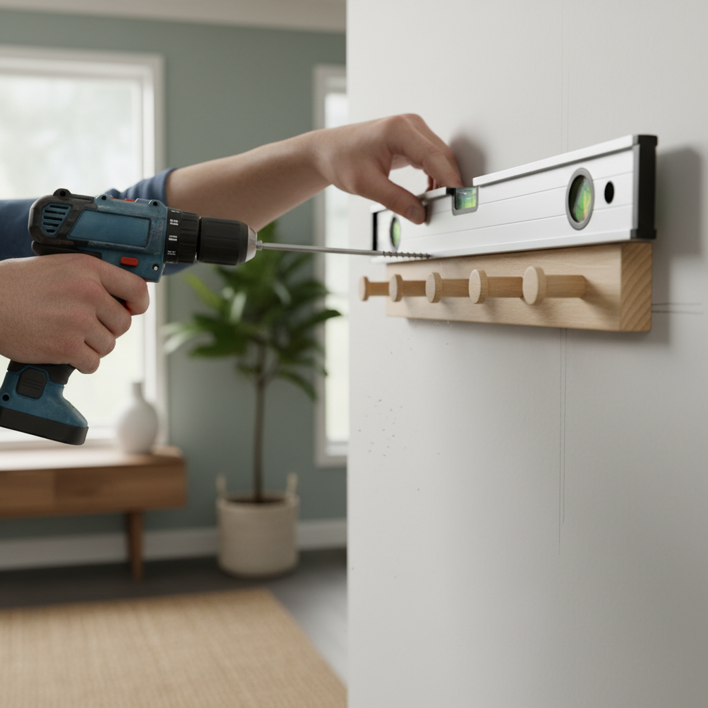 Installing a wall-mounted wooden coat rack into studs with a level and drill