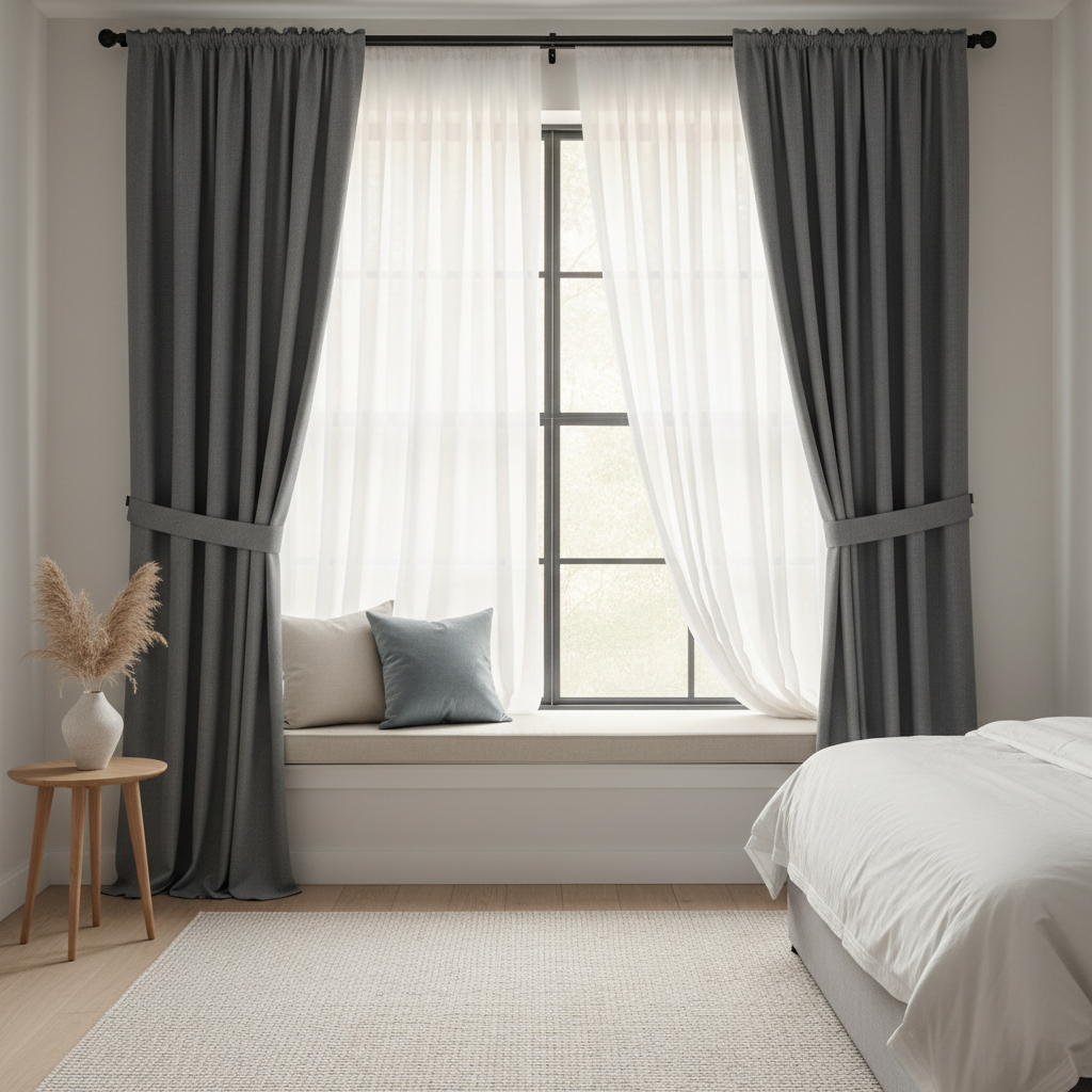 Layered window treatments with sheer curtains and blackout drapes in a bedroom