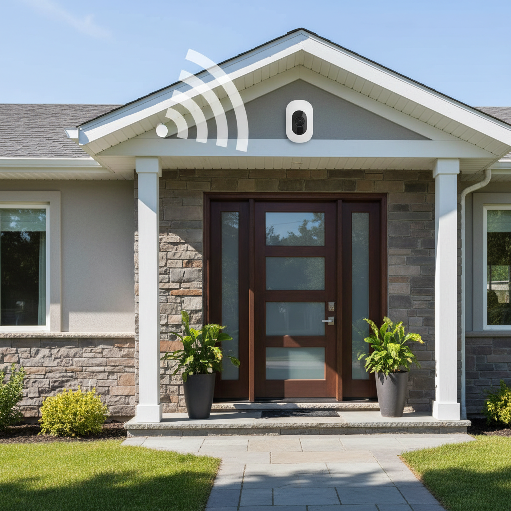 Outdoor wireless security camera installed near front door with Wi-Fi router signal concept