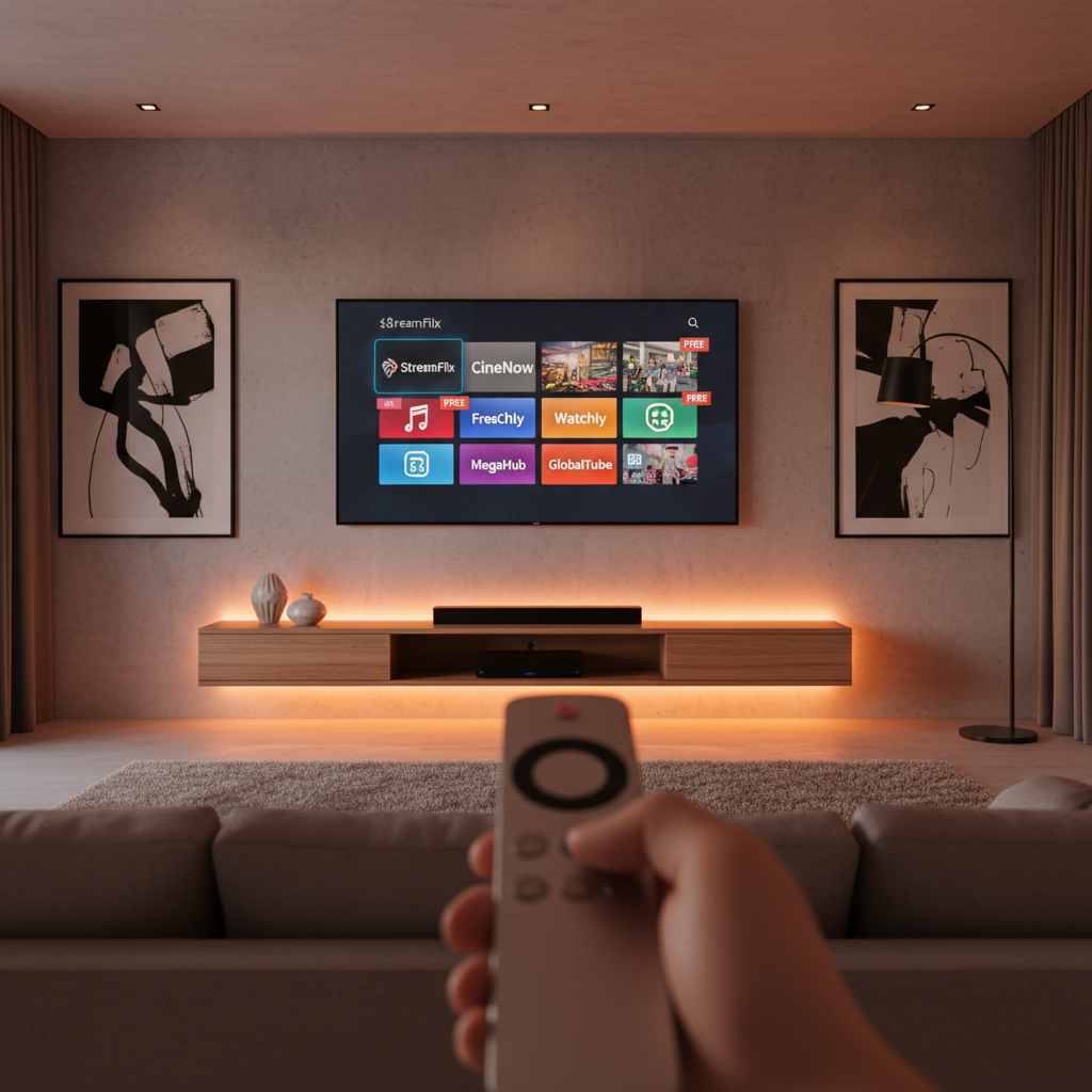Person choosing a free movie streaming app on a smart TV with remote in hand