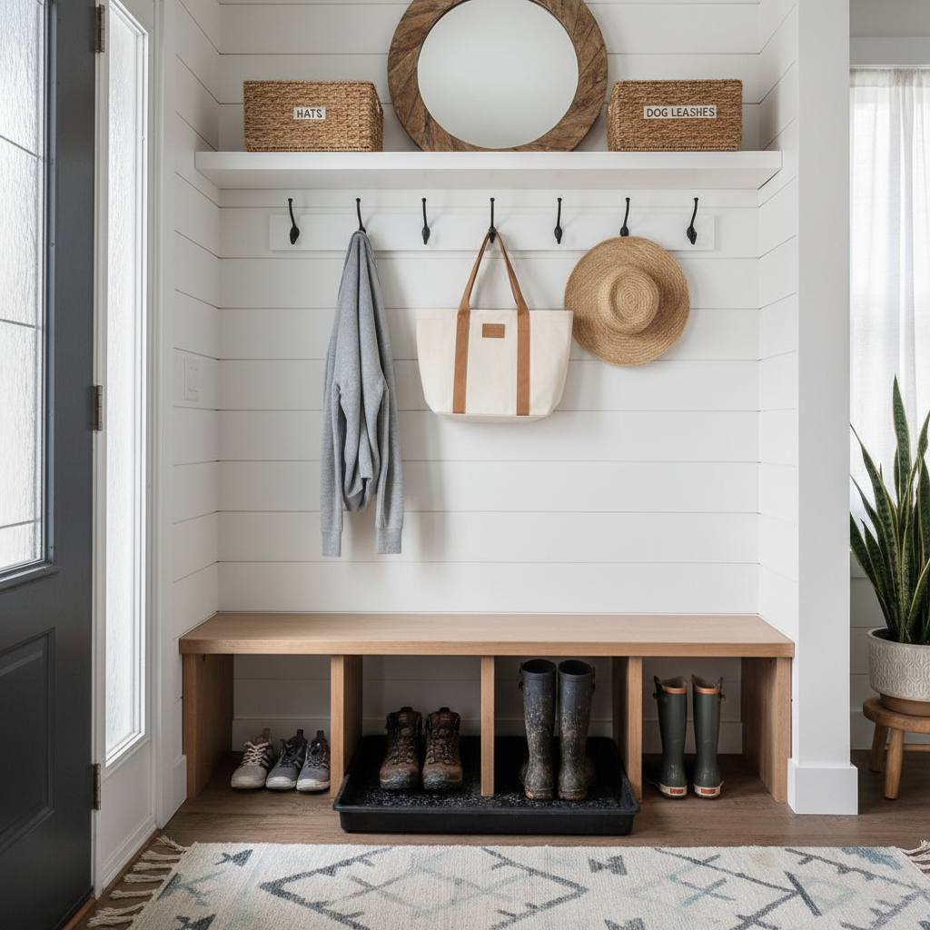 Organized small mudroom with labeled baskets, shoe bench, and boot tray near the front door
