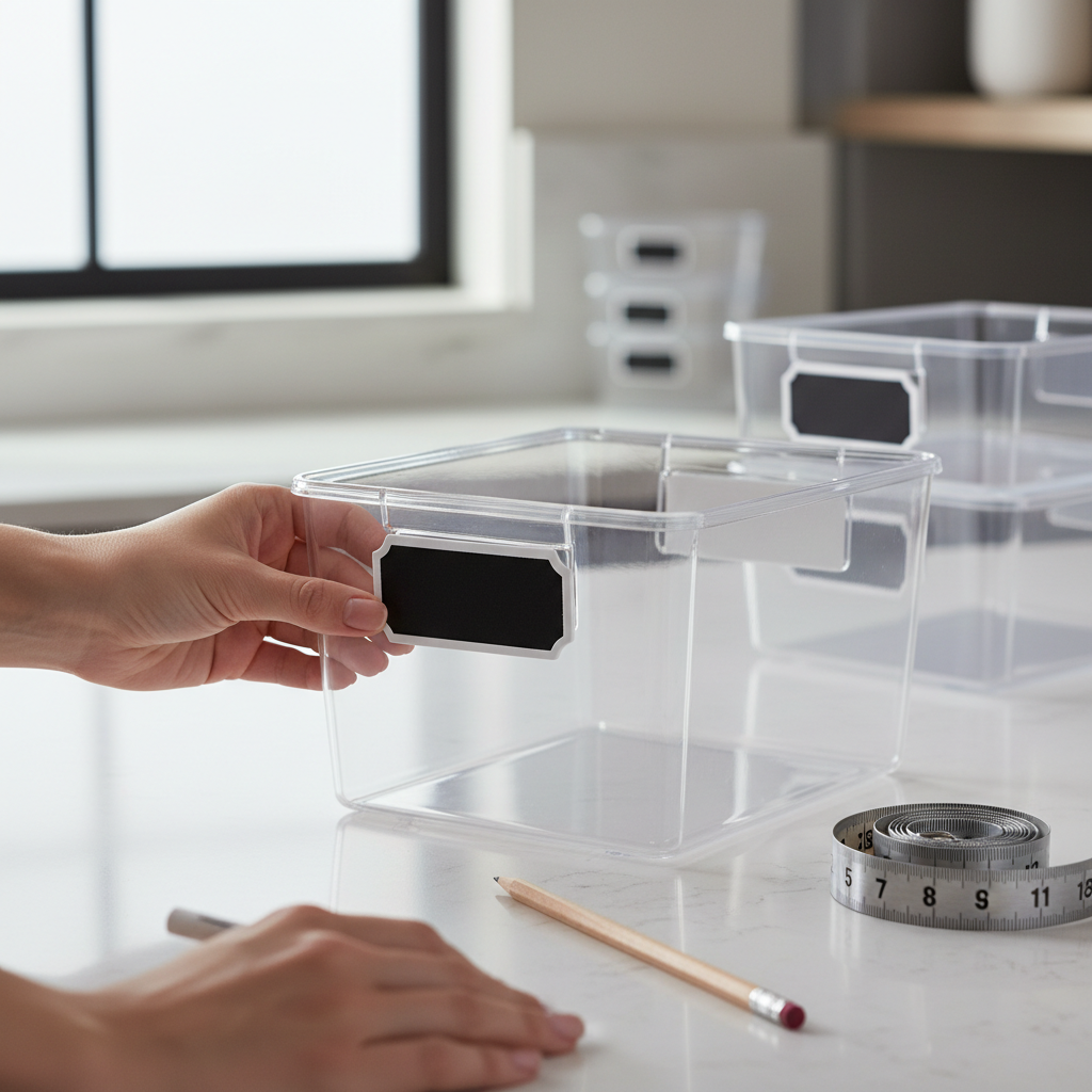 Hands applying chalkboard label to a pantry storage bin with a measuring tape nearby