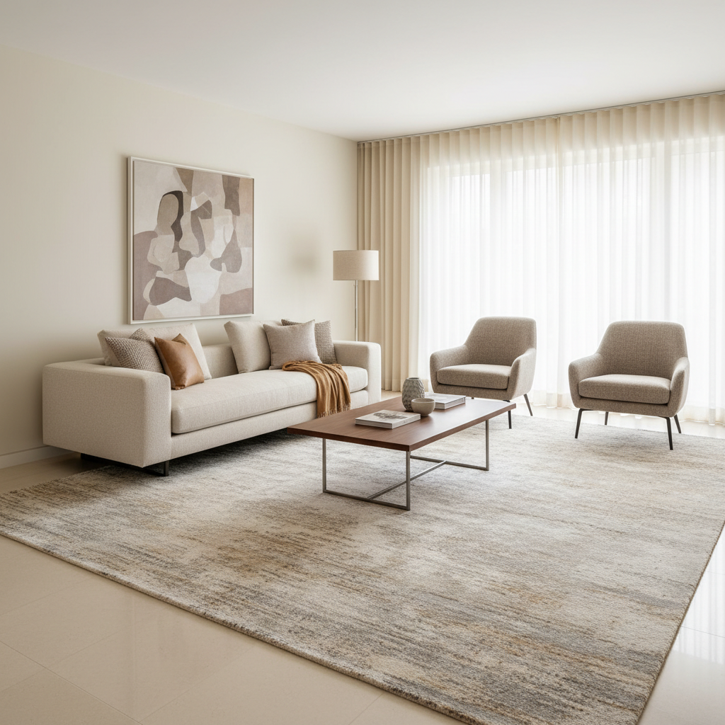 Living room with floating sofa on a large area rug creating a clear zone and walkway