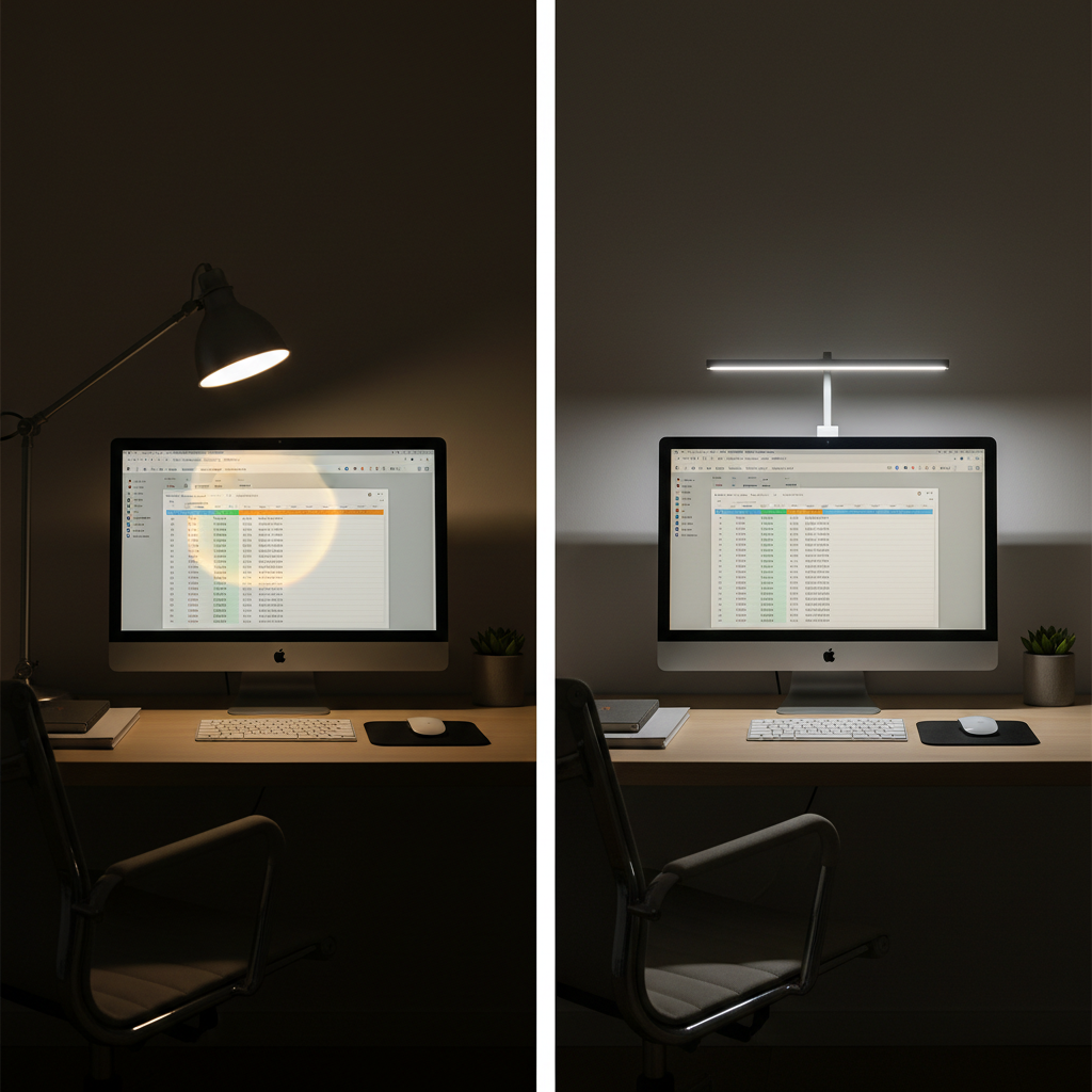 Side-by-side comparison of desk lamp glare on monitor versus diffused lighting setup