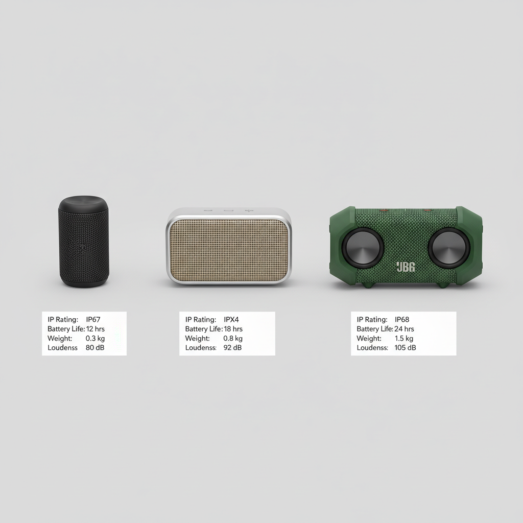 Comparison table concept of outdoor portable speaker specs: IP rating, battery, weight, loudness