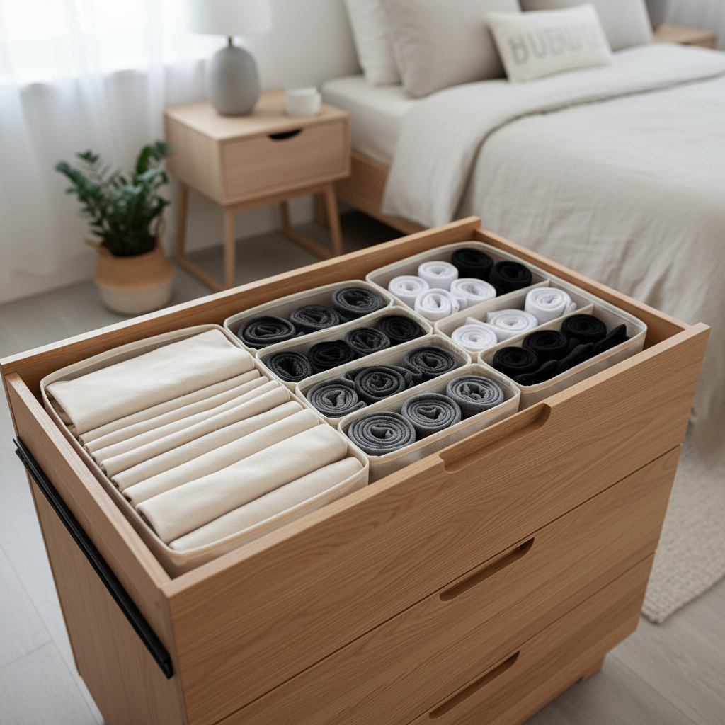 Neatly organized dresser drawer with clothes using adjustable drawer dividers