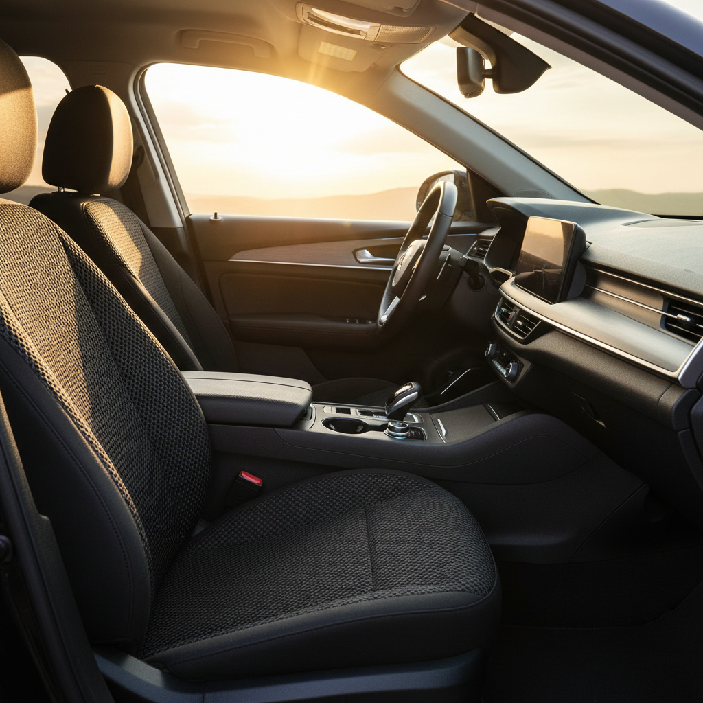 Breathable mesh car seat cover on a front seat in summer sunlight
