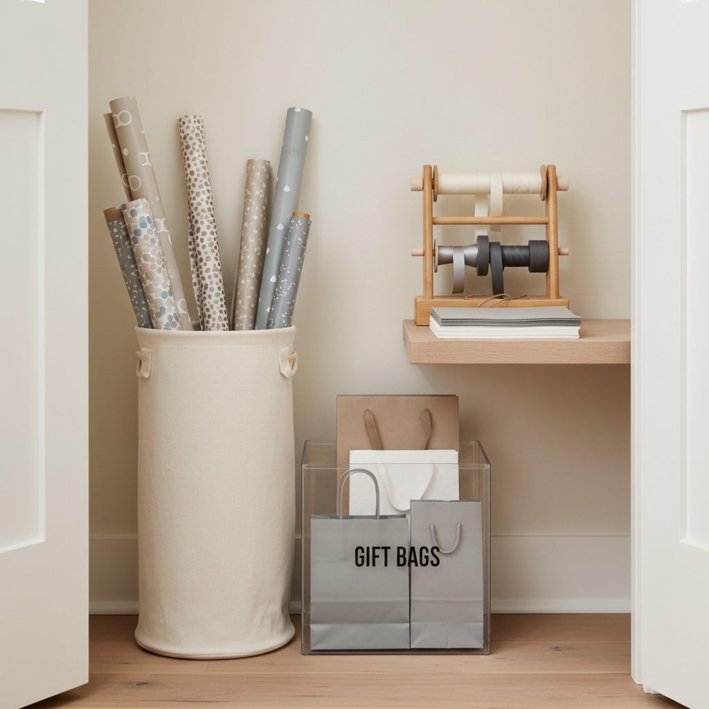 Wrapping paper supplies organized in a small apartment closet