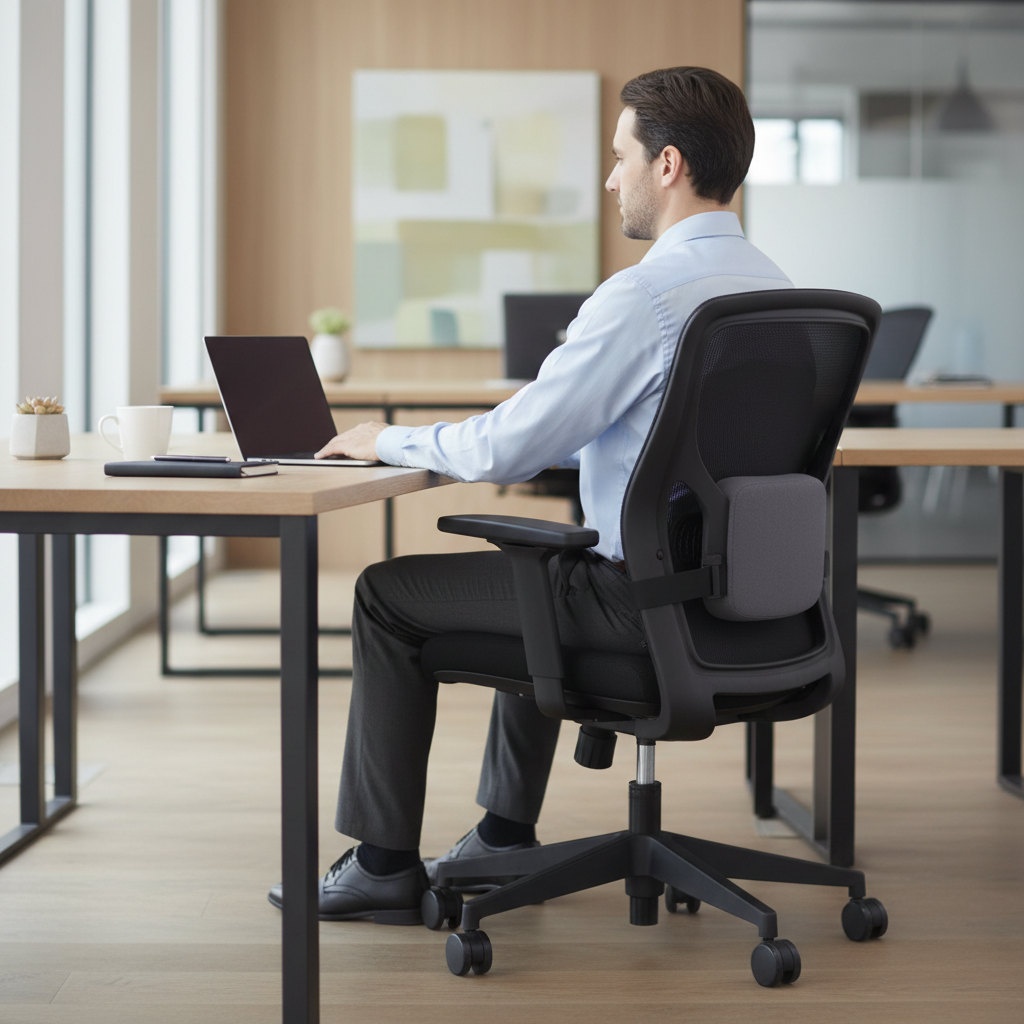 Memory foam lumbar pillow positioned on an office chair supporting the lower back