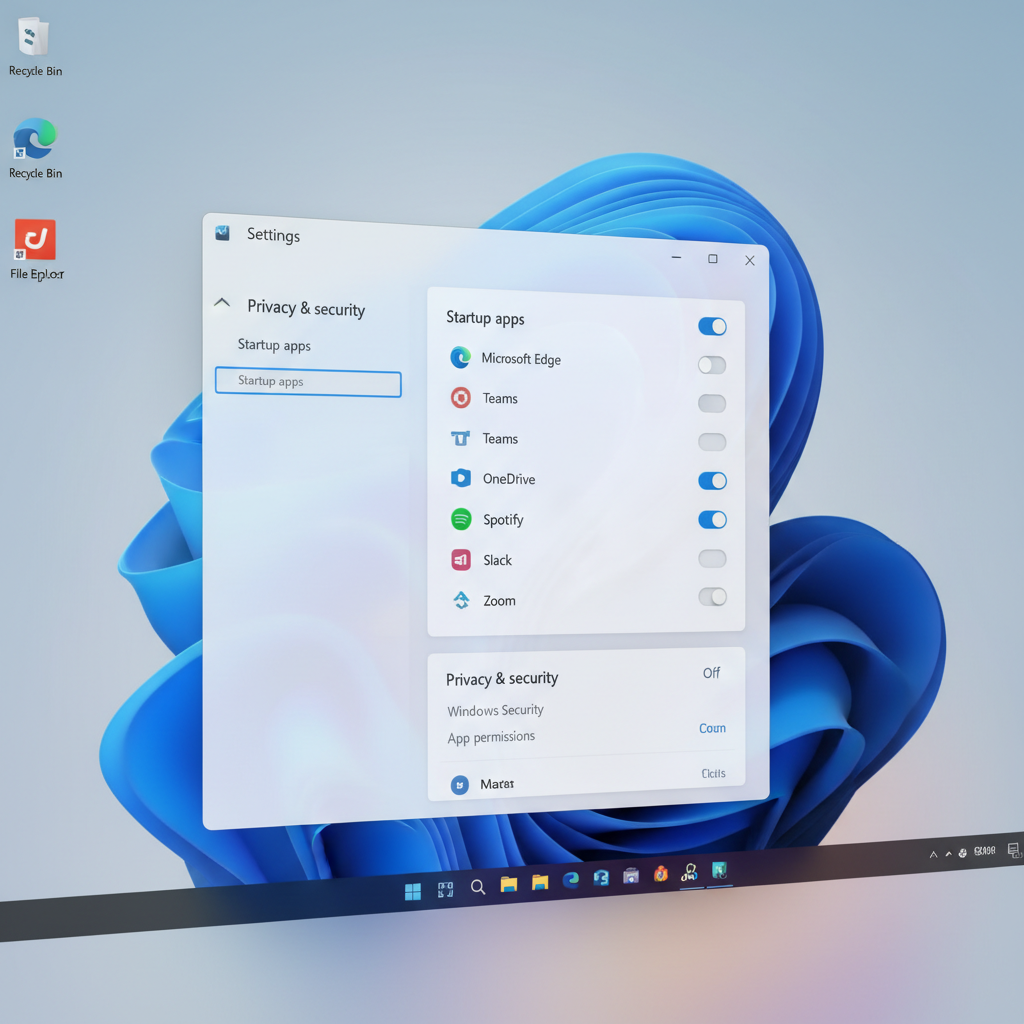 Windows 11 Settings screen showing startup apps and privacy controls for Cortana