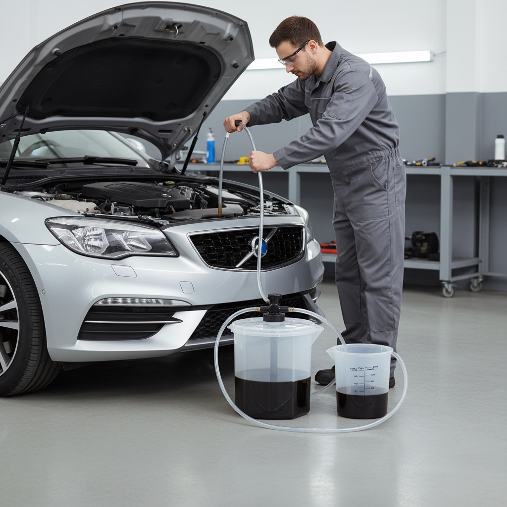 Technician using an oil extractor pump to remove a small measured amount of engine oil