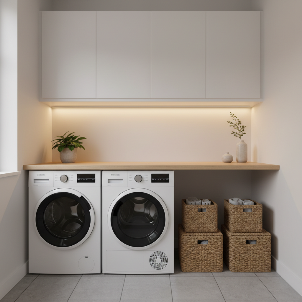 Laundry wall cabinets with under-cabinet lighting and a slim folding counter