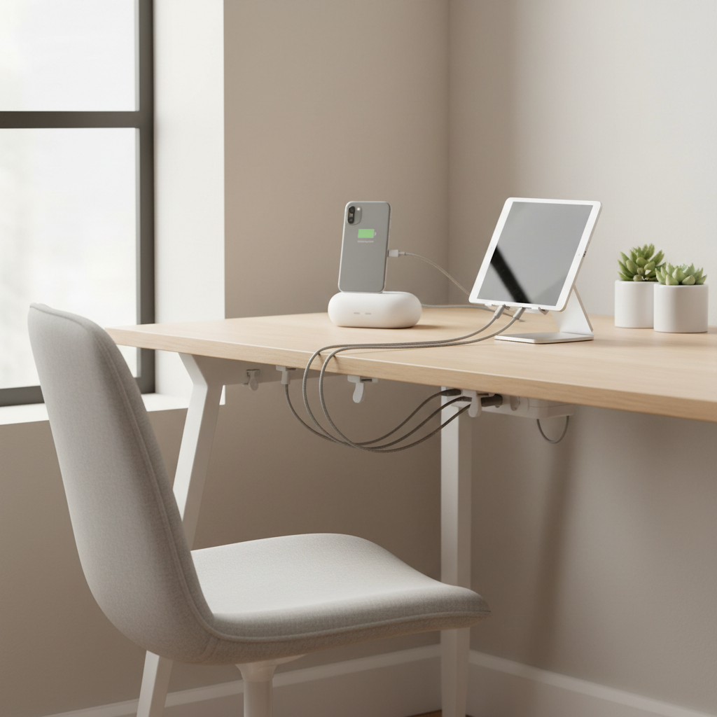 Minimalist home office charging station with a USB-C hub and neatly routed cables
