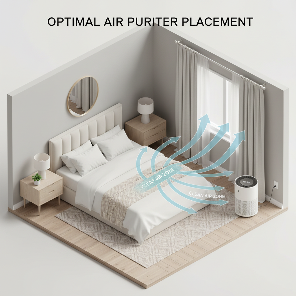 Proper air purifier placement in a bedroom for airflow and allergy control