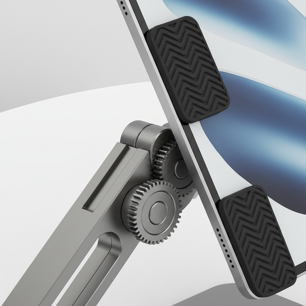 Close-up of adjustable hinge and rubber pads on a budget tablet stand