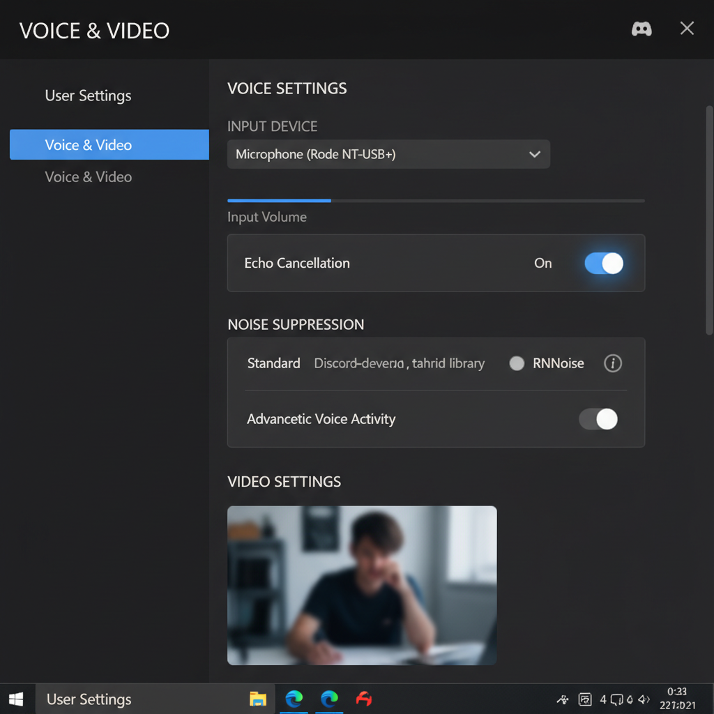 Discord voice settings showing echo cancellation and input device selection on Windows