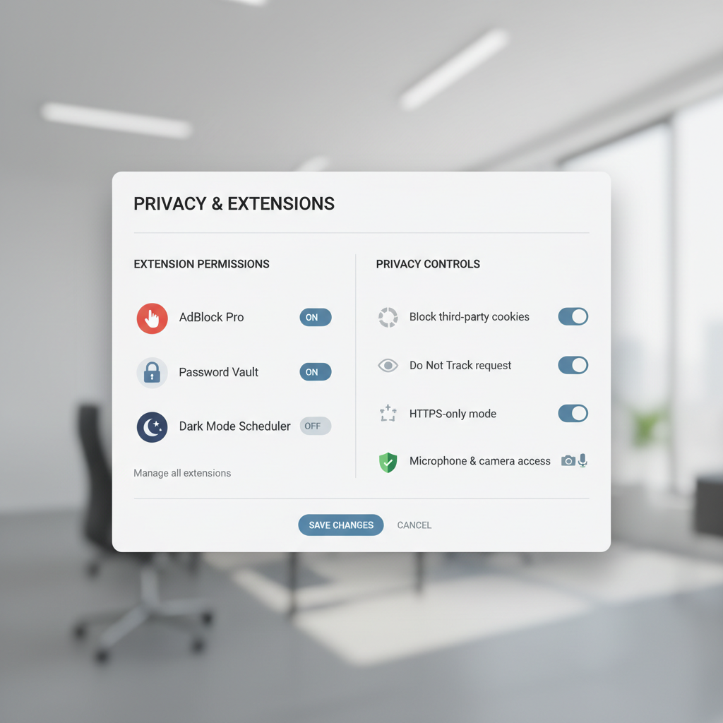 Browser extension permissions and privacy settings screen