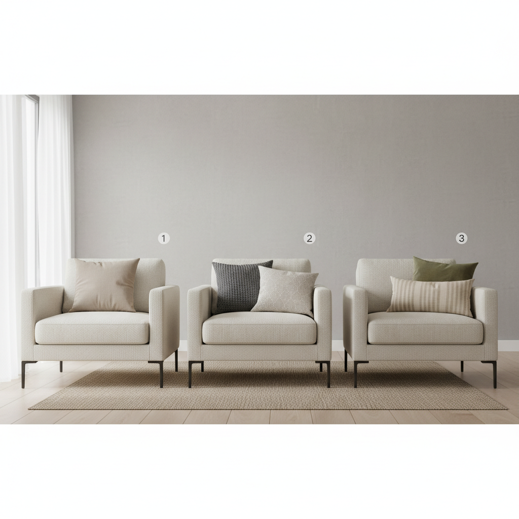 Three throw pillow layouts for an armchair: single, layered, and lumbar