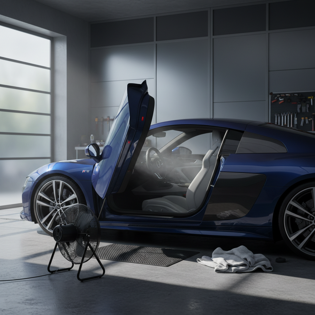 Car doors open with a fan drying fabric seats after cleaning to prevent water rings