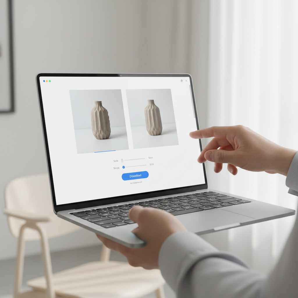 User exporting an upscaled product image without watermark in a web tool