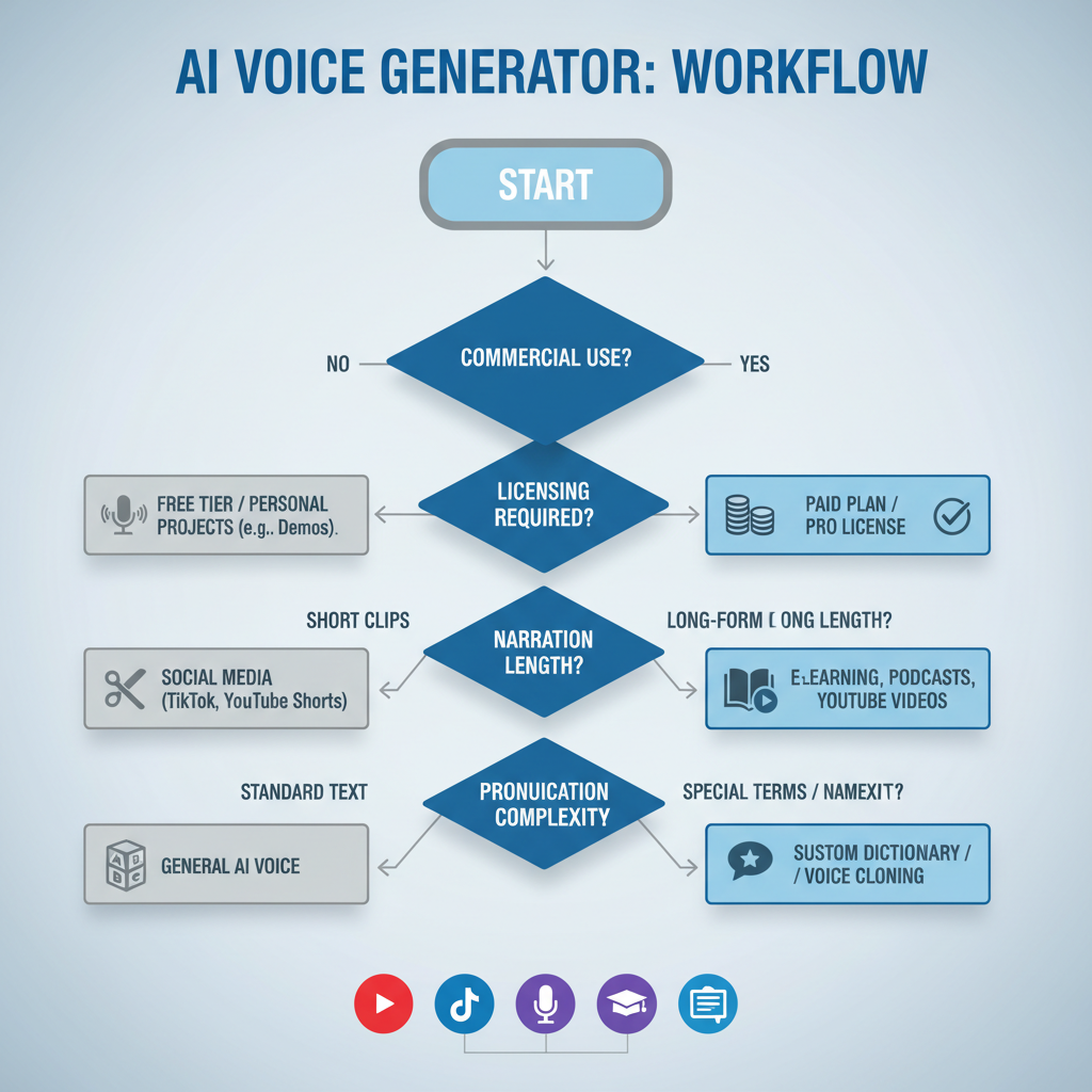 Workflow diagram for choosing an AI voice generator based on video use case