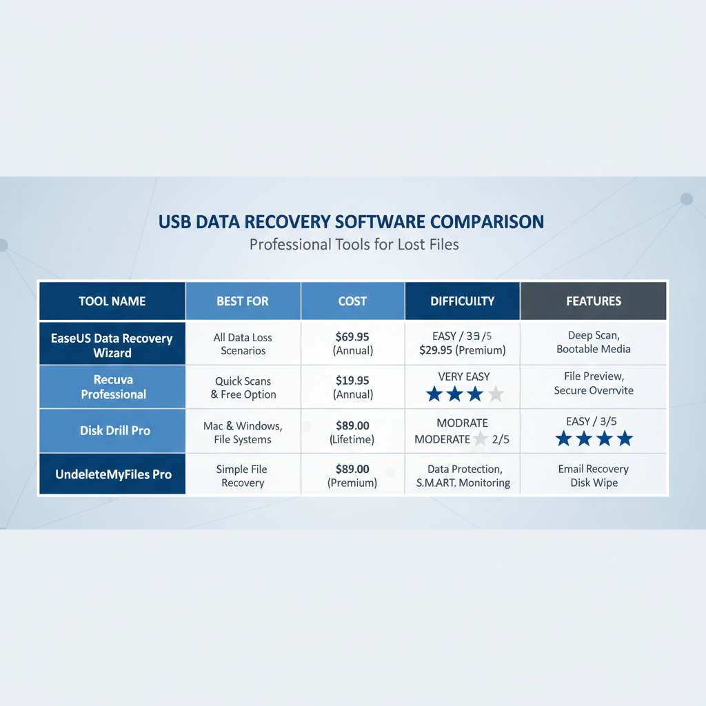 Comparison table concept for USB data recovery software options in 2026