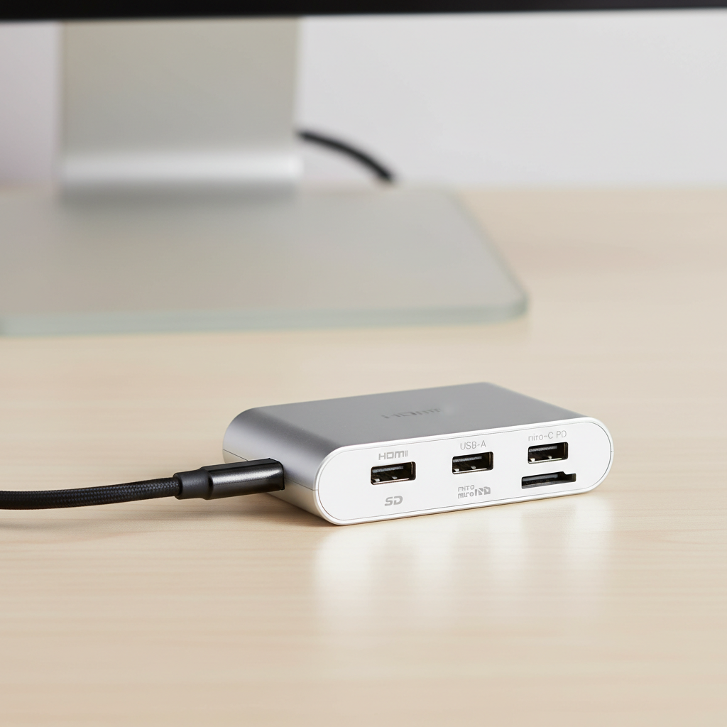 Close-up of USB-C hub ports showing HDMI, USB-A, USB-C PD and SD card slots
