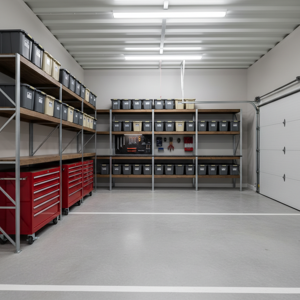Garage storage layout with L-shaped industrial shelving and clear parking space