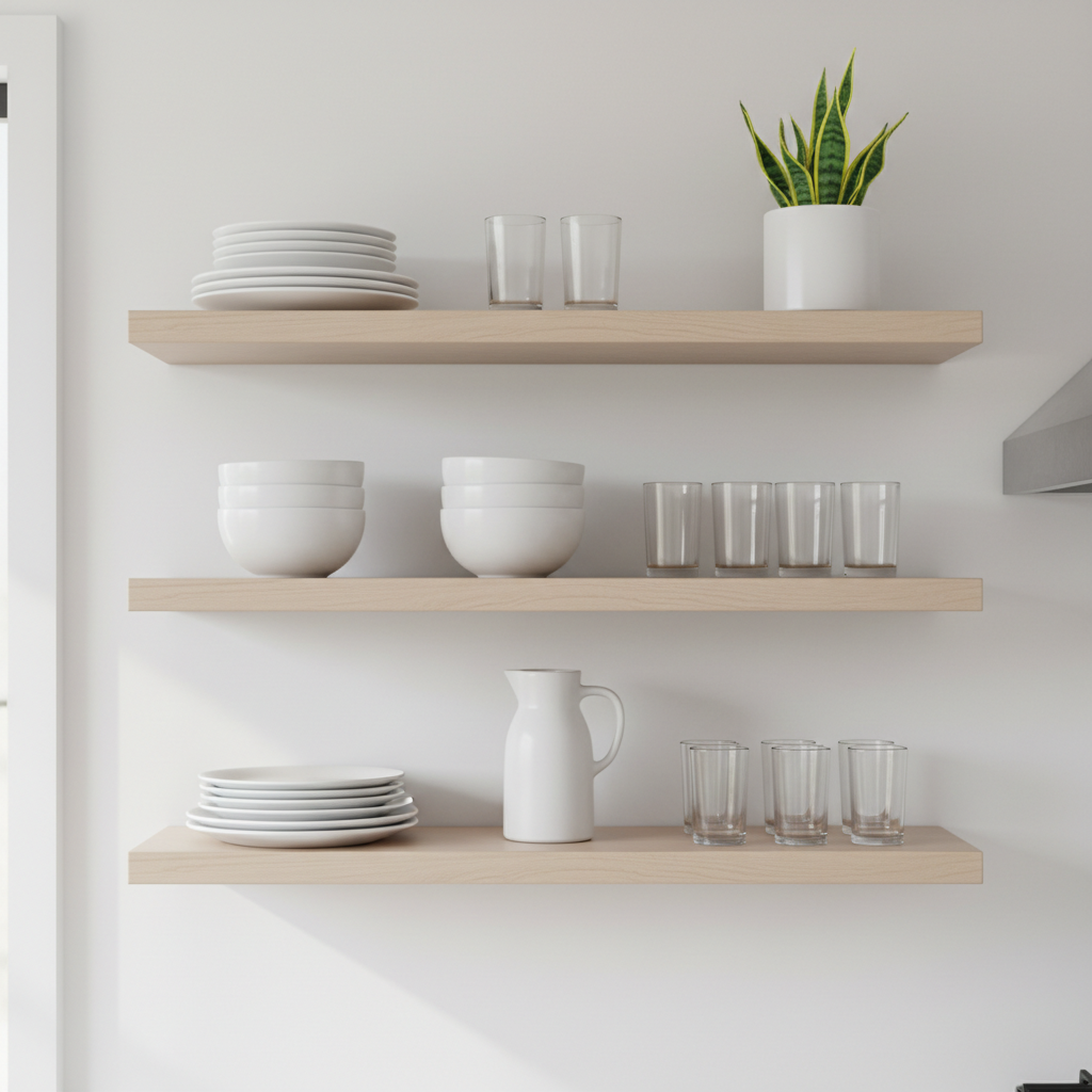 Minimalist open shelf layout plan with stacks of plates, bowls, and clear glasses