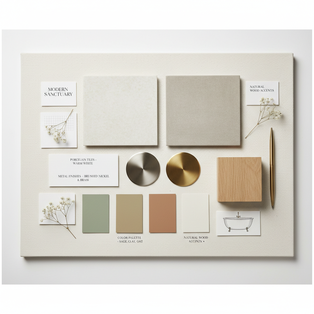 Modern bathroom mood board with tile samples, brushed metal finishes, and warm neutral palette