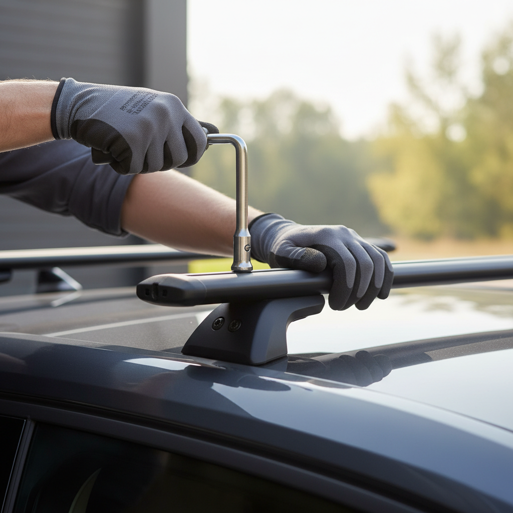 Hands tightening roof rack crossbar torque tool on vehicle roof