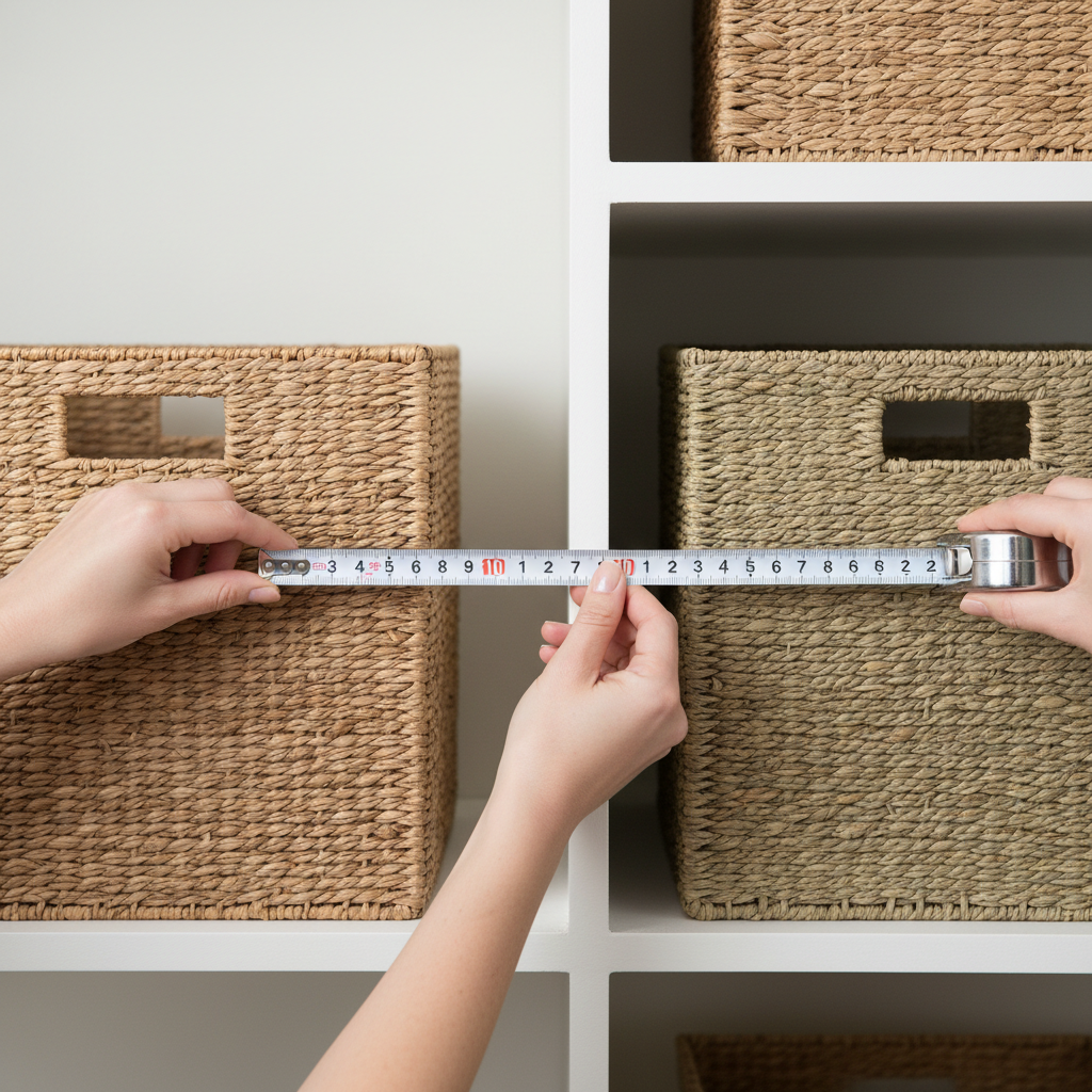 Choosing woven basket sizes for shelves and closets with measuring tape