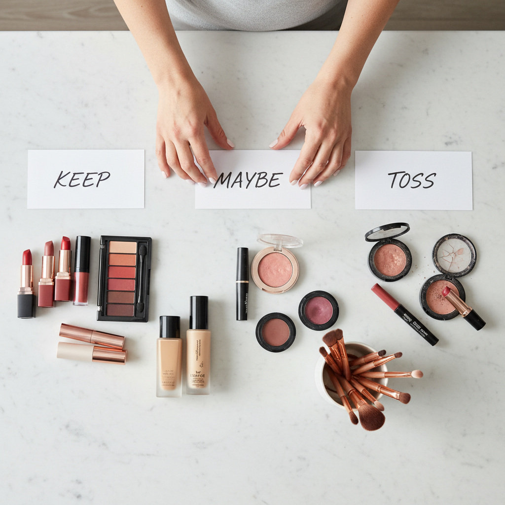 Sorting makeup into keep toss and maybe piles on a vanity
