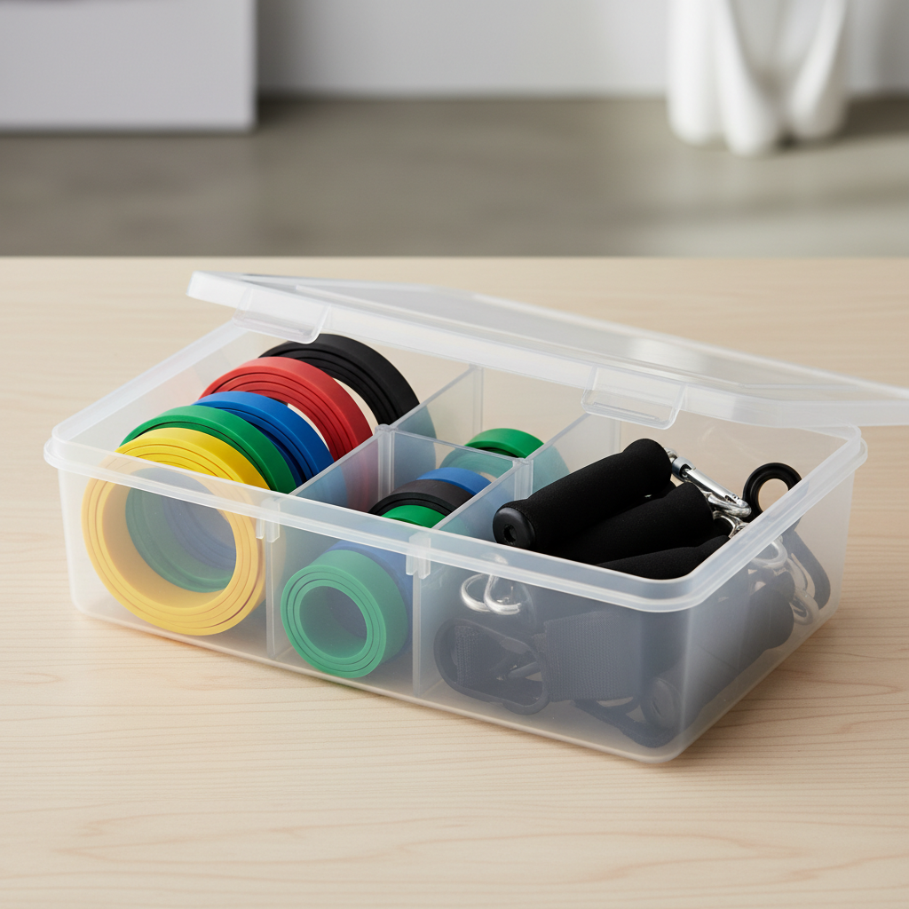 Resistance bands storage bin with dividers, handles and door anchor organized neatly